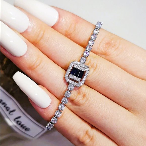 Solid Silver 1ct Blue Sapphire 2ct Diamond Tennis Bracelet Princess Cut Jewelry - Picture 5 of 7